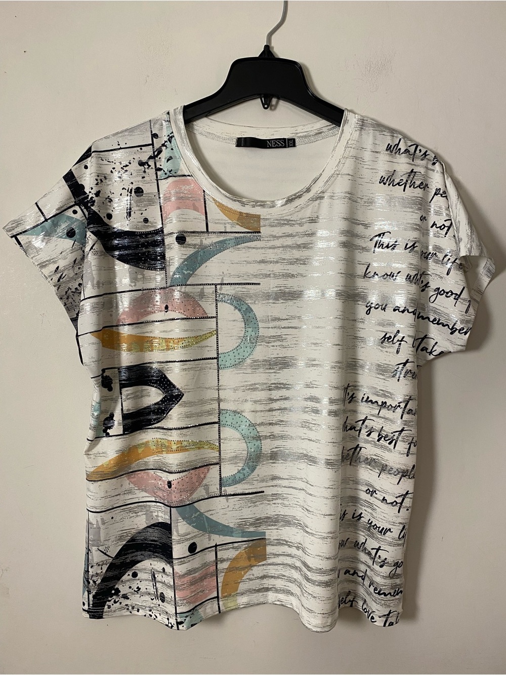 White Abstract Print Short Sleeve Top with crystals